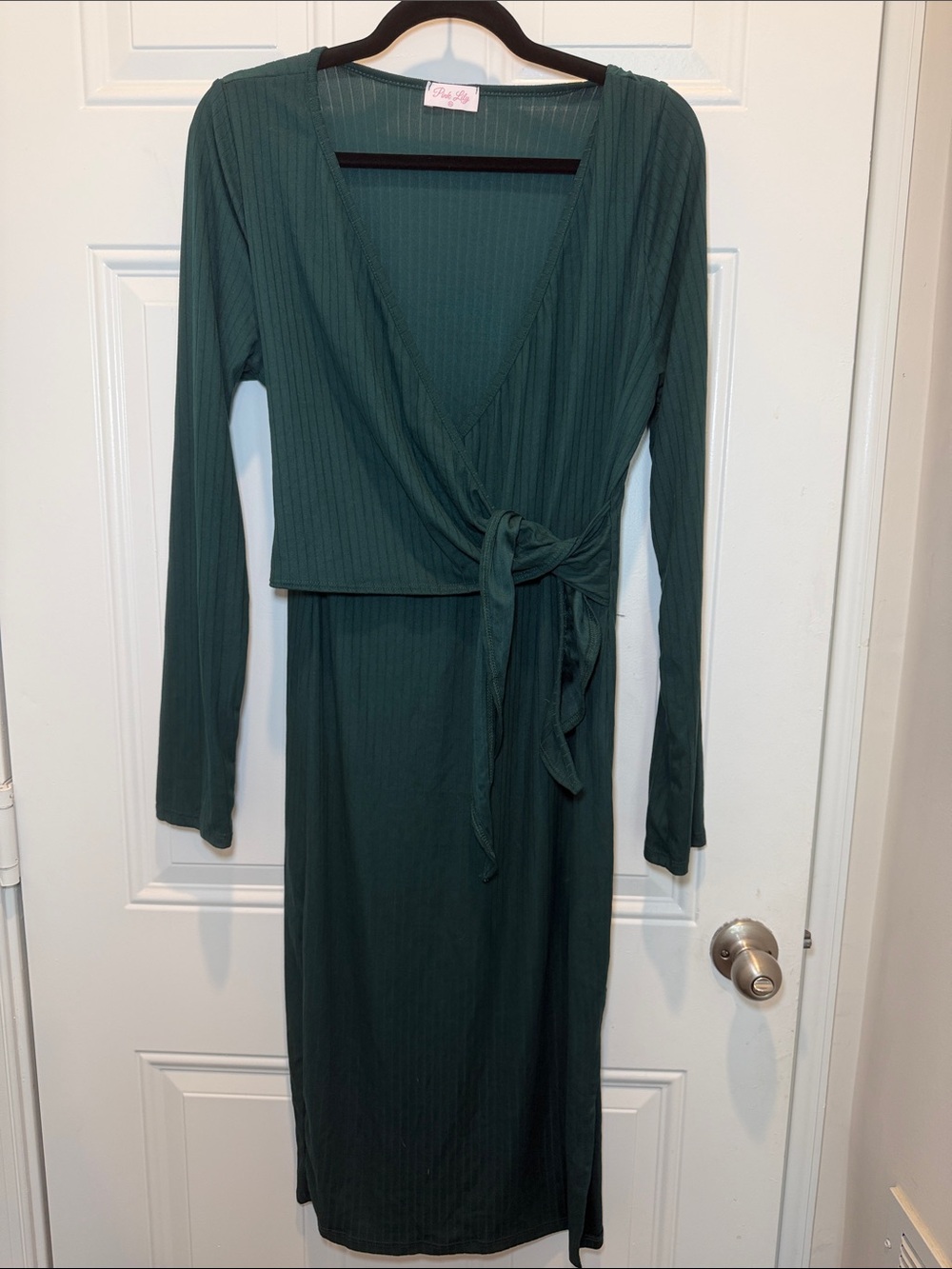 Pink Lily Dark Green Ribbed Wrap Midi Dress